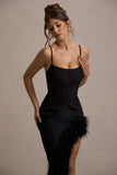 High Status Black Strappy Corset Asymmetric Maxi Dress With Feather Trim