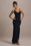 Jeanne Navy Plunge Ruched Cami Maxi Dress With Split