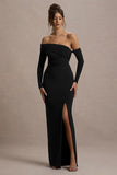 Stand Out Black Bardot Long Sleeve Ruched Maxi With Side Split