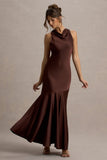 Amelita Brown Satin Cowl-Neck Maxi Dress
