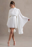 Charity White Pleated High-Neck Mini Dress With Cape Sleeves