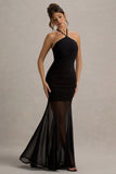 Sonya Black Halter-Neck Maxi Dress With Mesh Skirt