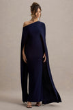 Florentina Navy One-Shoulder Cape Maxi Dress