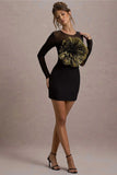 Ruchi Black Sheer Mini Dress With Corsage Detail
