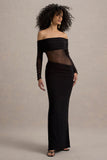 Belamour Black Semi-Sheer Bardot Gathered Maxi Dress