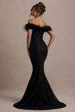 Idyll Black Lace Bardot Feather Fishtail Maxi Dress