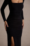 My Pleasure Black Square Neck Ruched Maxi Dress
