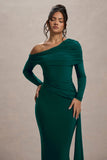 Valina Green Ruched Asymmetric Maxi Dress With Drape