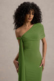 Vallea Green One-Shoulder Draped Midi Dress
