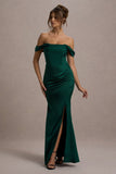 Kimberly Bottle Green Bardot Satin Maxi Dress