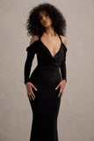 Hurghada Black Plunge-Neck Long-Sleeve Maxi Dress
