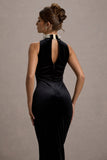 Audrine Black Velvet Embellished High-Neck Maxi Dress