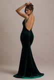 Adele Bottle Green Velvet Ruched Strappy Fishtail Maxi Dress