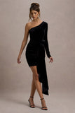 Saint Moritz Black Velvet One Sleeve Mini Dress With Flower Drape