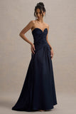 Desirie Navy Satin Sweetheart Gathered Maxi Dress