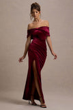 Merelyn Berry Velvet Bow Bardot Split Maxi Dress