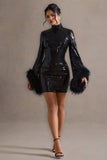 Cupid Black Sequin High-Neck Mini Dress With Feather Cuffs