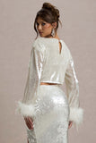 Solita Sand Sequin Long-Sleeve Crop Top With Feather Trim