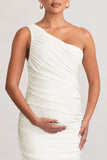 Late Night White Maternity Ruched One Shoulder Midi Dress