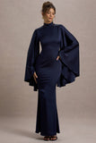 Maceline Navy Satin High-Neck Maxi Dress With Cape Sleeves