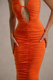 Anaisa Orange Plunge Halter-Neck Midi Dress