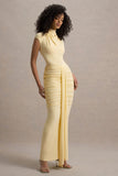 Lorenza Lemon High-Neck Ruched Maxi Dress With Draped Skirt