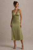 Beck Light Green Satin Plunge-Neck Cross-Back Midi Dress