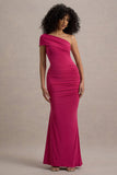 Alethea Hot Pink Asymmetric Bardot Maxi Dress