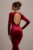 Keaton Berry Velvet Long-Sleeve Open-Back Maxi Dress