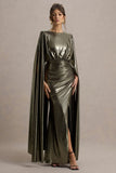 Theia Gold Metallic Cape-Sleeve Split Maxi Dress