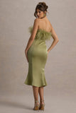 One And Only Light Green Satin Feather Trim Bandeau Midi Dress