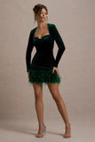 Tamsin Bottle Green Velvet Long-Sleeved Feather Mini Dress