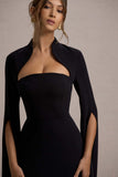 Linden Black Bodycon Cape-Sleeve Midi Dress