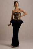 Harriette Leopard Print Bandeau Maxi Dress With Black Velvet Peplum Skirt