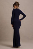 Aluna Navy Plunge-Neck Twisted Split Maxi Dress