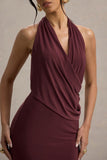 Rosina Burgundy Halter-Neck Draped Maxi Dress With Sash