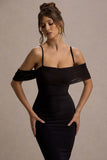 Bethan Black Bodycon Strappy Mesh Bardot Midi Dress