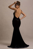 Adele Black Velvet Ruched Strappy Fishtail Maxi Dress