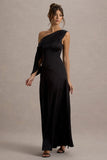 Nicola Black Satin Asymmetric Bardot Draped Maxi Dress