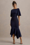 Ashling Navy Flutter-Sleeve Hanky-Hem Midi Dress