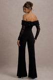 Celebrate Black Bardot Long-Sleeved Flared-Leg Jumpsuit With Flowers