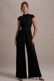 Tanner Black Cap-Sleeve Plisse Wide-Leg Jumpsuit