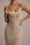 Jesi Cream Mesh Ruched Midi Dress With Ruffles