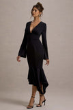 Rehna Black Plunge-Neck Bell-Sleeve Midi Dress