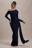 Valina Navy Ruched Asymmetric Maxi Dress With Drape