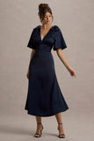 Danna Navy Satin V-Neck Short-Sleeve Midi Dress