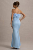 Dress For It Powder Blue Satin Feather Trim Bandeau Maxi Dress