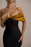 Despina Black Bardot Midi Dress With Ruffle Hem