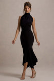 Prianyka Black High-Neck Draped Midi Dress