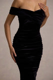 Apolline Black Velvet Off The Shoulder Ruched Fishtail Maxi Dress